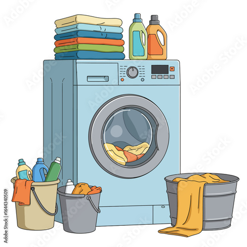 Cartoon depiction of a washing machine with laundry supplies and baskets, ready for wash day