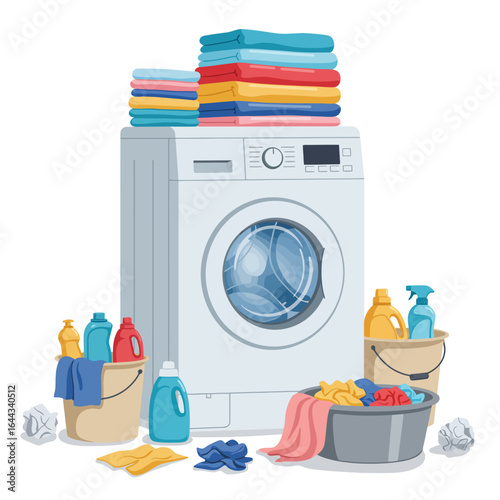 Modern home laundry setup with washing machine, clean clothes, and essential detergents for efficient household chores and domestic care.