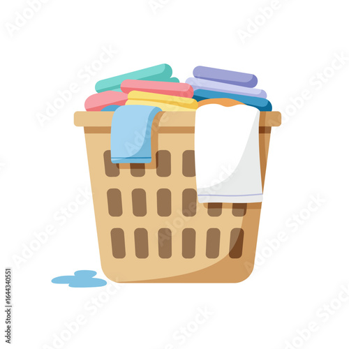 An illustration featuring a full laundry basket overflowing with freshly washed, neatly folded clothes, symbolizing domestic tasks, home organization, and a sense of cleanliness.
