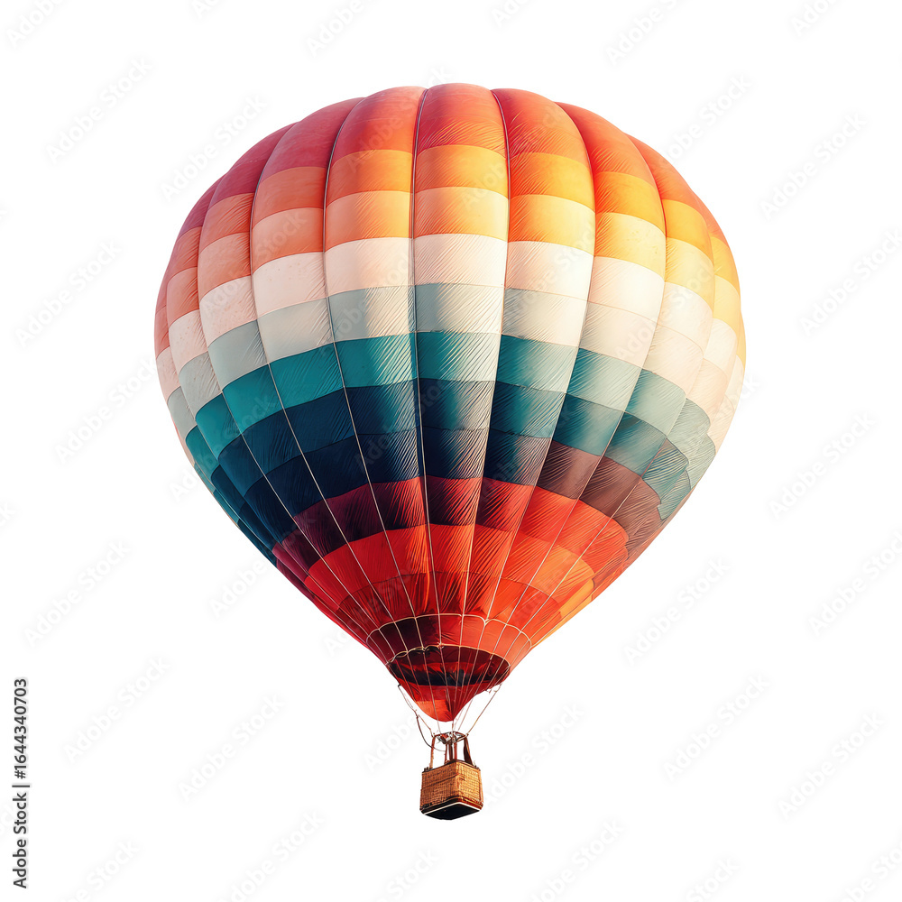 Fototapeta premium A vibrant hot air balloon with multicolored panels, soaring against a dark backdrop