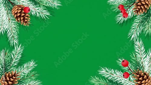 Green screen border frame with pine branches, pine cones, and red berries for animation and chroma key