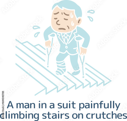 苦労して階段を上がる松葉杖をついている男性（主線なし）
A man on crutches struggling to climb stairs (no main line)