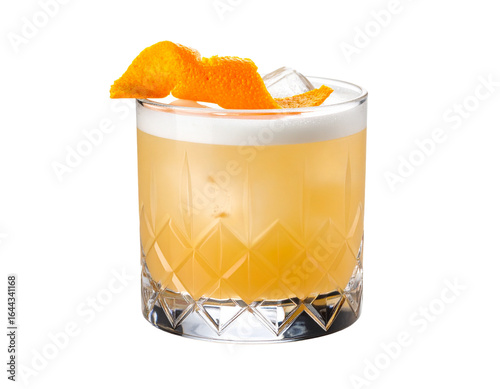 Whiskey Sour in lowball glass with orange peel twist white background