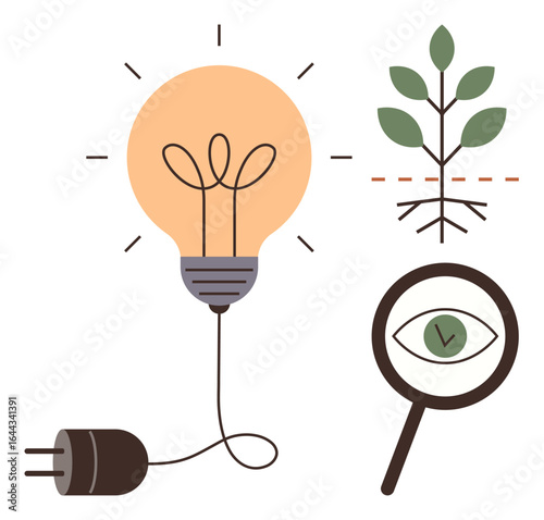 Light bulb plugged in symbolizing innovation, green plant for growth, magnifying glass exploring details. Ideal for sustainability, renewable energy, ecology, innovation, research, green living