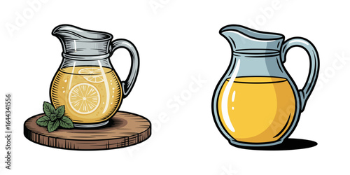 Lemonade pitcher on table, hand-drawn illustration, refreshing beverage, summer concept