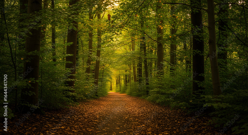 Fototapeta premium Serene Forest Path Leading Through Tall Trees with Dappled Sunlight