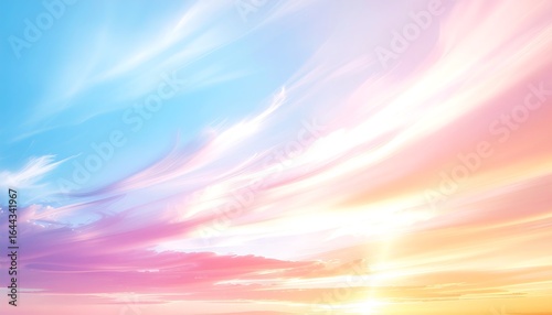 A dreamy pastel sky at sunrise with flowing clouds in soft pink, purple, and gold tones blending into clear blue, creating a serene and uplifting natural atmosphere.