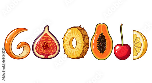 "GOOD" spelled using various fruit slices on a white background.