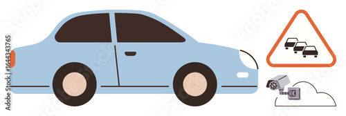 Blue vehicle near traffic warning sign, cloud, and radar sensors indicating connected technology. Ideal for smart mobility, automation, IoT, traffic safety, transportation, future technology simple