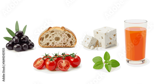 Vibrant still life showcasing mediterranean ingredients on a white background