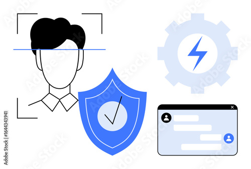 Facial recognition process, shield with security checkmark, system setup gear icon, and chat window. Ideal for identity verification, cybersecurity, AI, user access, privacy safety simple landing