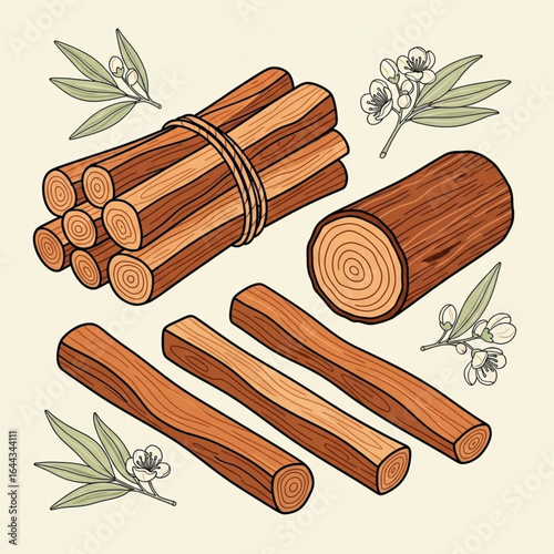 Sandalwood Sticks and Flowers – Botanical Vector Illustration