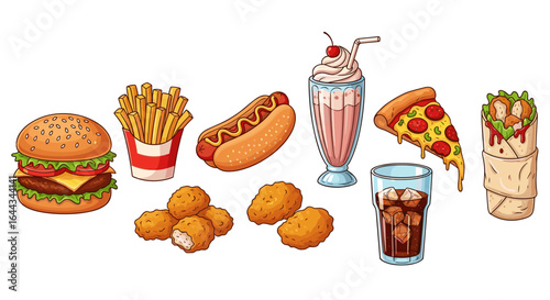 Cartoon Delicious Fast Food Array Isolated on White Background, Concept Art