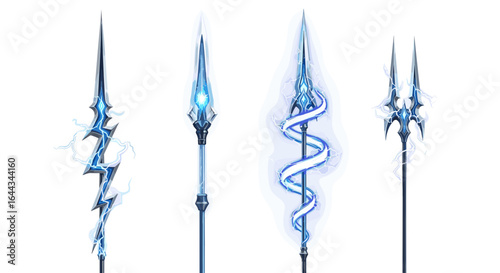 Fantasy weapons design collection: Four unique lightning spears on white background