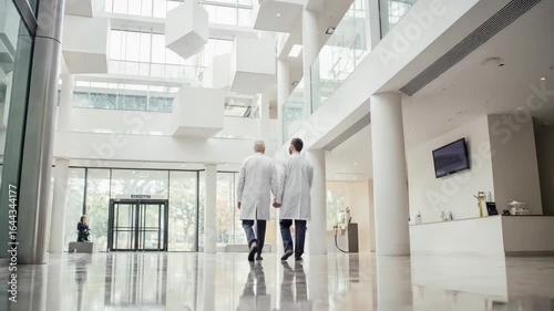 Two doctors walk together in a modern hospital lobby with contemporary design elements