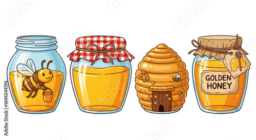 Whimsical honey illustration featuring jars, a beehive, and bees