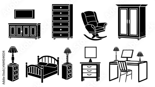 "Icon set of household furniture in black silhouette — minimalist sofa, recliner chair, modern bed, desk, cabinet, chest of drawers, vanity table, coffee table, dining set, and lamps"