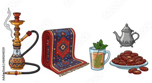 Arabian Culture Still Life: Hookah, Carpet, Tea and Dates