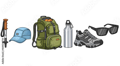 Hiking essentials gear: Backpack, water bottle, trekking pole, hat and sunglasses