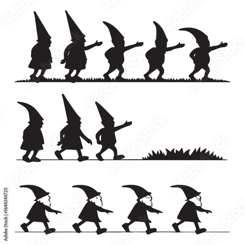 Silhouette illustration of a group of garden gnomes walking in a row, isolated on white background, creating a whimsical and enchanting scene, perfect for fairy tale designs