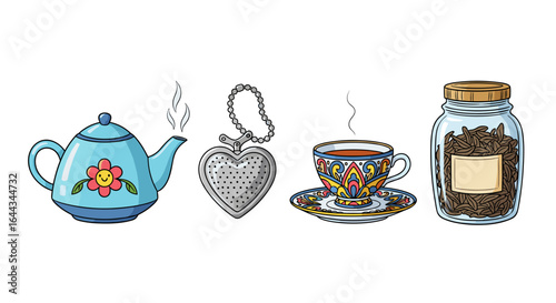 Charming Cartoon Tea Set Featuring Kettle, Infuser, Cup, and Jar