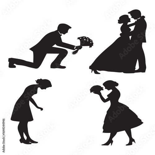A wedding couple in various poses, including a proposal, an embrace, and a bride holding a bouquet, isolated on white background the silhouettes are elegant and romantic