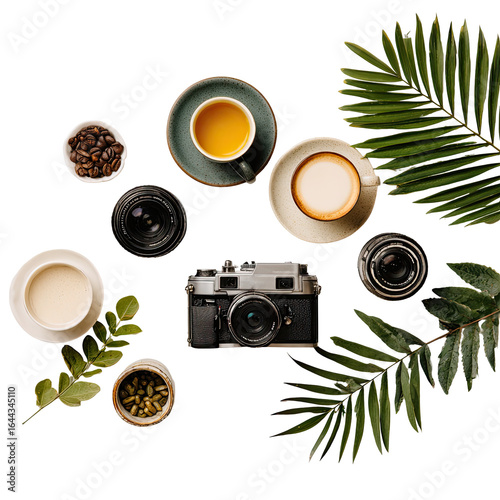 Flatlay of vintage camera, coffee, tea, and spices surrounded by tropical leaves