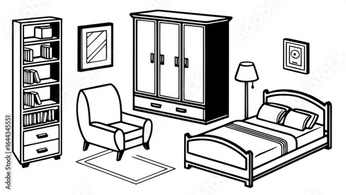"Modern monochrome furniture vector set in flat silhouette style — sofa, lounge chair, bed with headboard, writing desk, bookcase, pendant lamp, wardrobe, dresser, and ottoman"