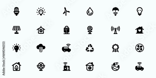 Green Technology & Renewable Energy Line Art Vector Icons — Sustainable Innovation, Eco-Friendly Gadgets, Solar, Wind, Electric Vehicles, and Smart Energy Solutions for Branding and Education