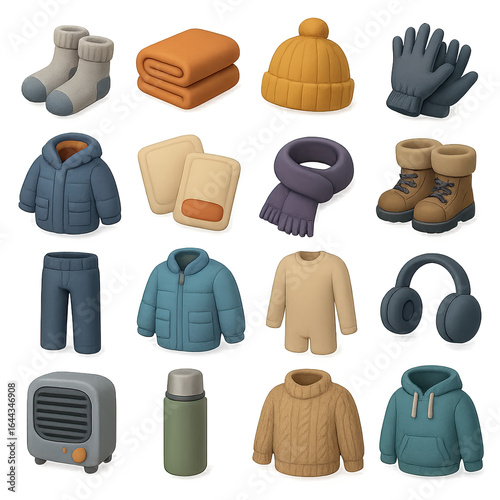 3d winter apparel and accessories icon set: socks, blanket, beanie, gloves, coat, headphones