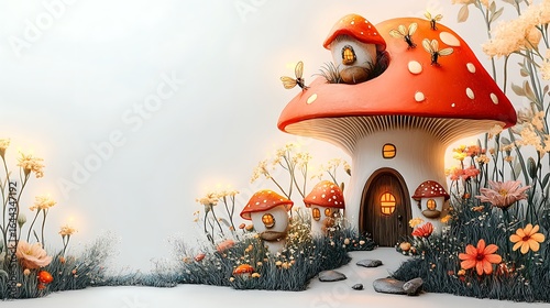 Fantasy mushroom house with glowing bee hives, Whimsical forest scene filled with tiny lights and flowers, Magical cartoon illustration with soft background and copy space