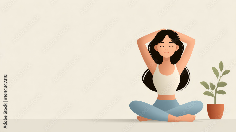 Fototapeta premium Peaceful meditation by young asian female in minimalist space with plant
