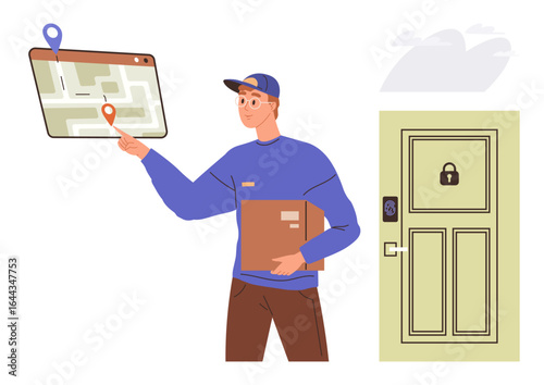Delivery driver holding a parcel while pointing to a digital map, indicating a delivery route. Ideal for logistics, e-commerce, courier services, contactless delivery, smart security, online