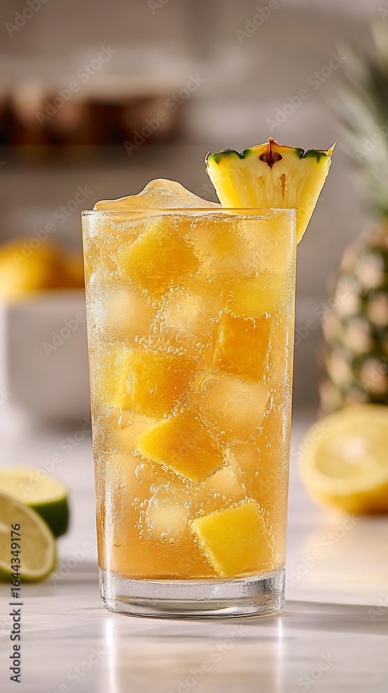 Fototapeta premium Refreshing, golden-yellow cocktail in a tall glass filled with ice. A pineapple wedge sits atop the drink