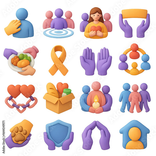 3d community icon set featuring support, donation, diversity, empathy, care, togetherness, and charity symbols
