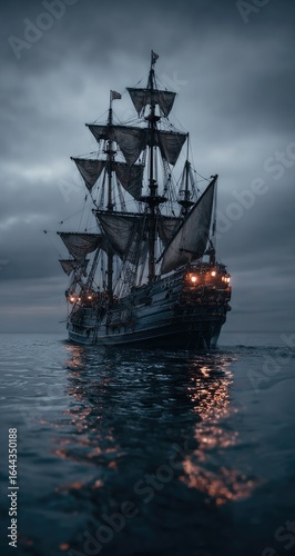 Wallpaper Mural A majestic, dark-hulled galleon sails on a moody sea under a brooding, grey sky.  Lanterns glow warmly on its deck, reflected in the water Torontodigital.ca