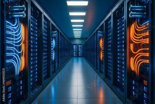 Futuristic Data Center with Glowing Cooling Systems
