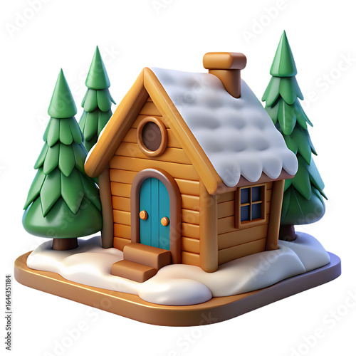 Whimsical 3D rendered wooden cabin nestled amongst snow-covered pine trees house cottage