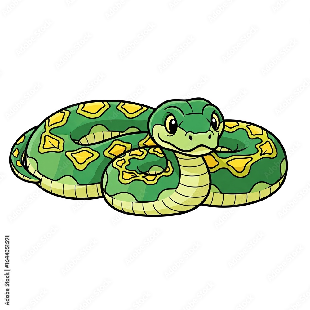 Fototapeta premium Cartoon green snake with yellow spots curled up on white background 