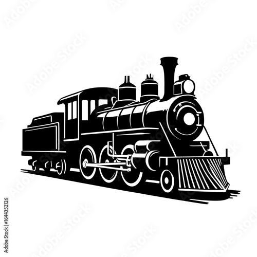 Vintage steam locomotive illustration showcasing intricate details and classic design in black and white