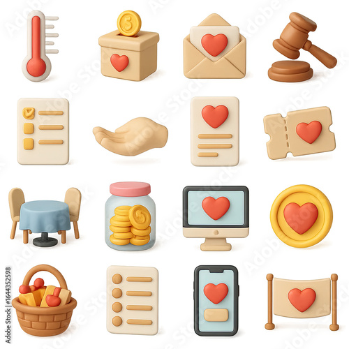3d charity icon set featuring thermometer, donation box, email, gavel, checklist, hand, and love symbols
