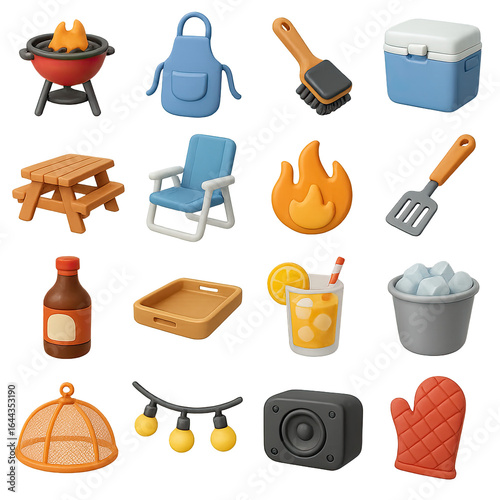 3d bbq icon set featuring grill, apron, spatula, cooler, picnic table, and more