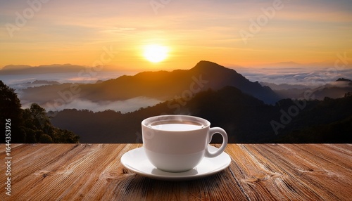 warm cup of coffee against a majestic mountain landscape at sunrise