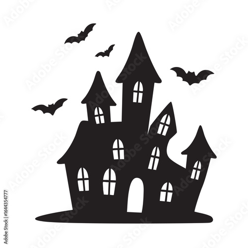 Black vector silhouette of a spooky haunted house with crooked towers and flying bats, perfect for Halloween design themes.