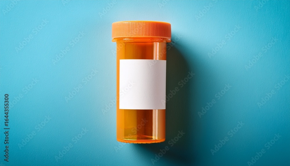 orange pill bottle with blank label on blue background orange pill bottle with blank label on blue background
