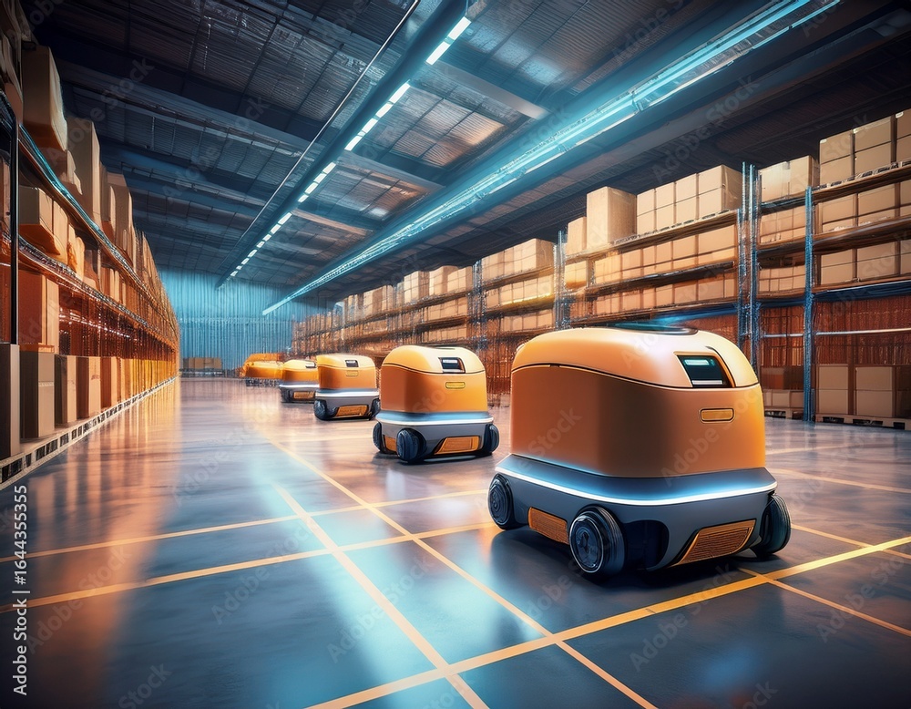 Fototapeta premium autonomous delivery robots navigate a modern warehouse optimizing logistics and revolutionizing supply chain automation