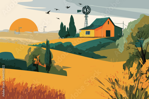 A red barn is in the middle of a field. There are two windmills in the background