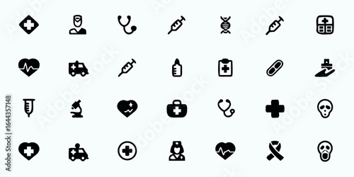 Medical & Healthcare Line Art Vector Icons — Hospital, Doctor, Nurse, First Aid, Medicine, and Patient Care Symbols for Apps, Websites, and Educational Materials

