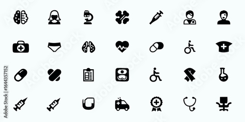 Medical Specialties & Diagnostic Equipment Line Art Vector Icons — Surgery, Imaging, Laboratory, and Advanced Healthcare Tools for Hospitals and Clinics

