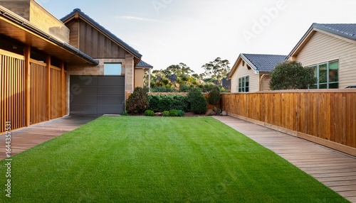 the front yard of a contemporary australian home or residential building showcases artificial grass lawn turf with timber edging